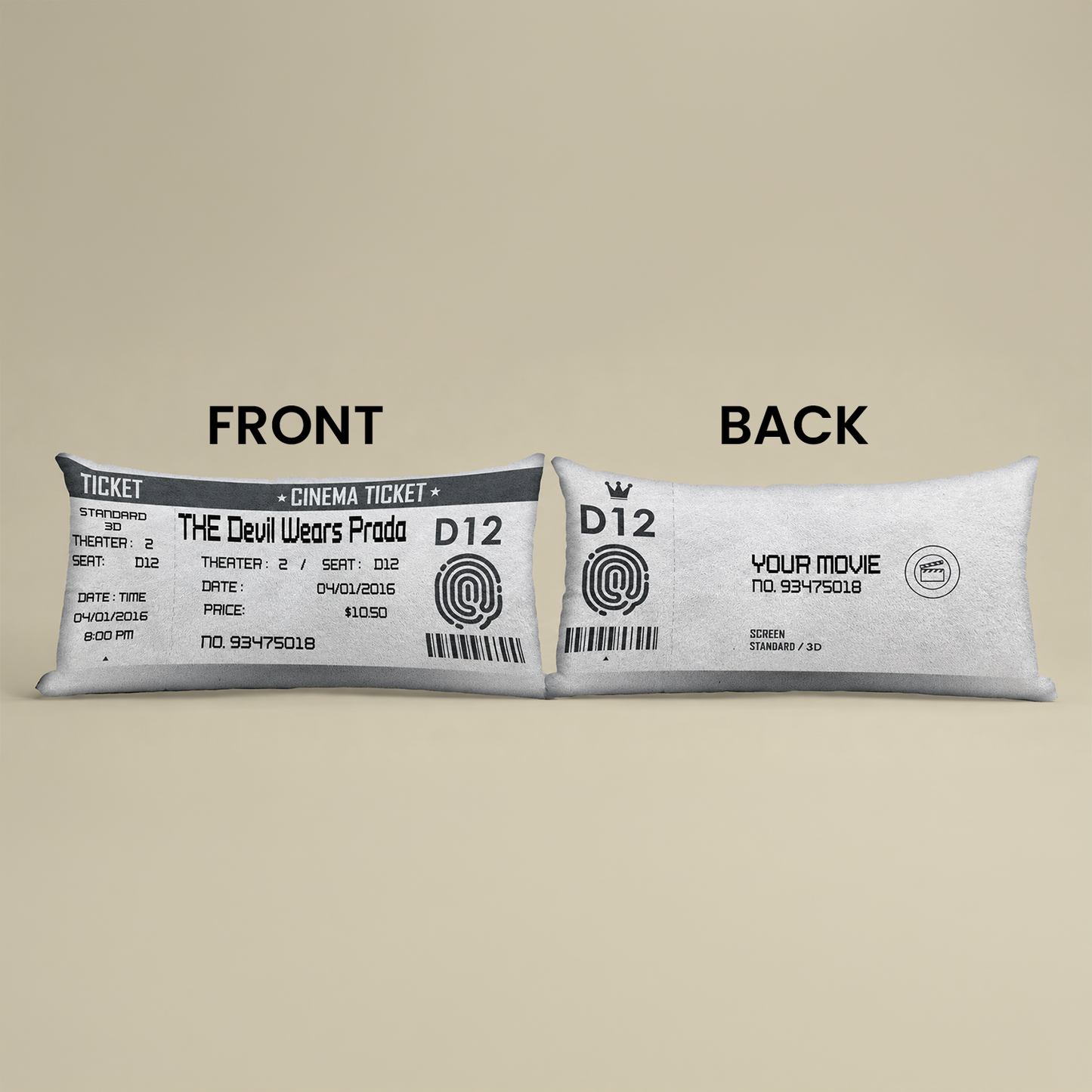 Movie ticket personalized pillow on couch showing full lumbar design
