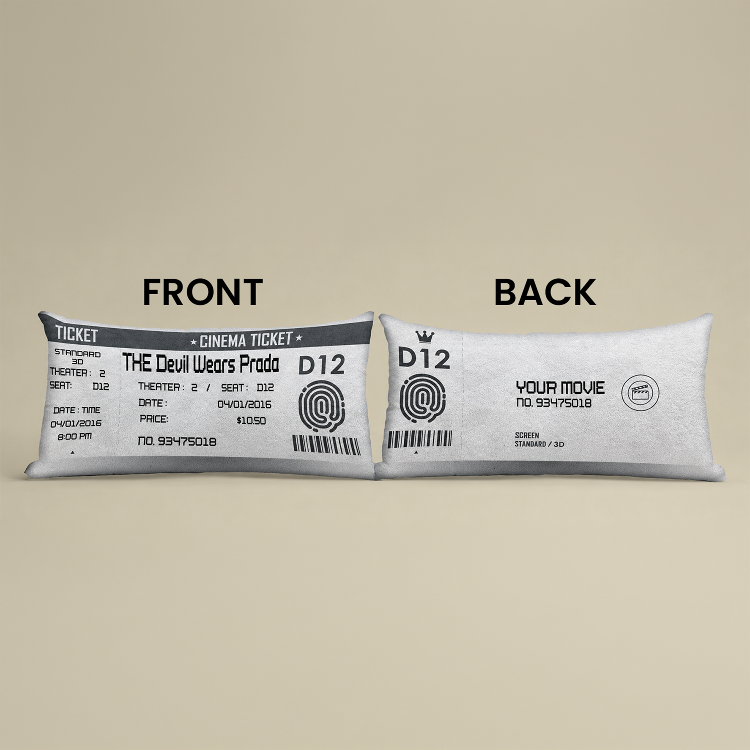 Movie ticket personalized pillow on couch showing full lumbar design

