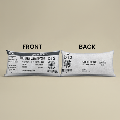 Movie ticket personalized pillow on couch showing full lumbar design
