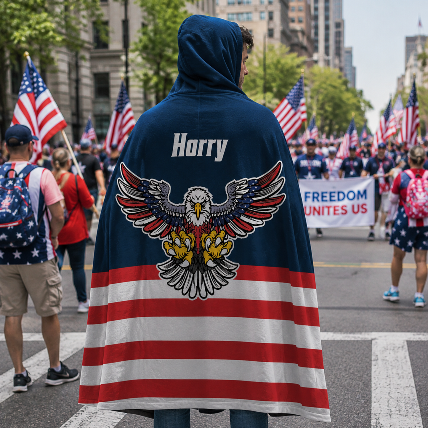 Custom name on patriot party Minky fleece hooded wearable blanket for proud Americans and patriots
