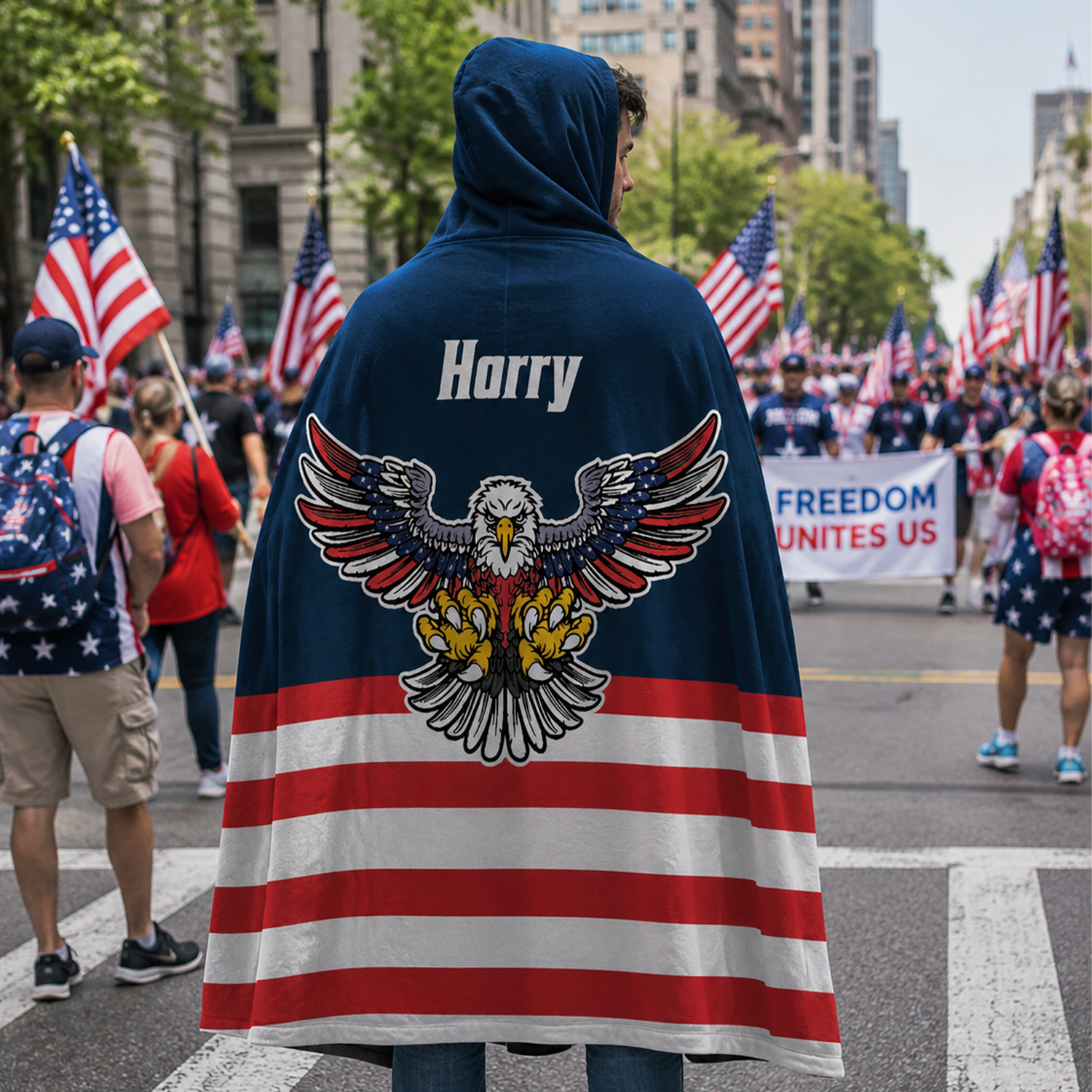 Custom name on patriot party Minky fleece hooded wearable blanket for proud Americans and patriots
