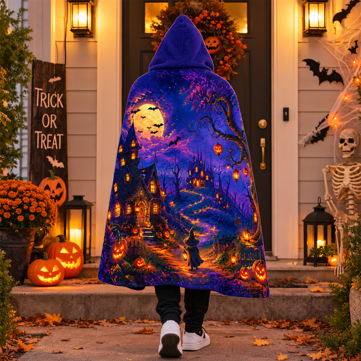 Halloween haunted village hooded blanket close-up of atmospheric print detail
