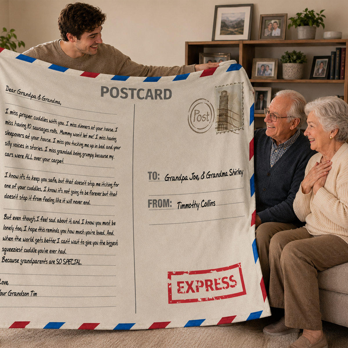 Personalized air mail postcard throw blanket as birthday gift for family and travelers
