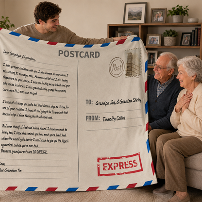 Personalized air mail postcard throw blanket as birthday gift for family and travelers
