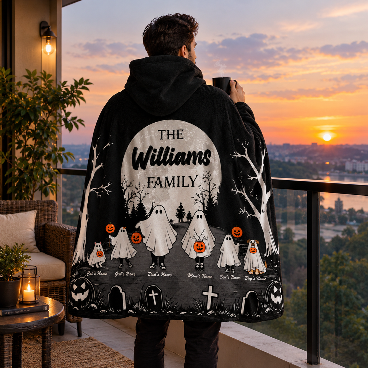 Personalized Halloween Family Hooded Blanket | Custom Name Ghost Design