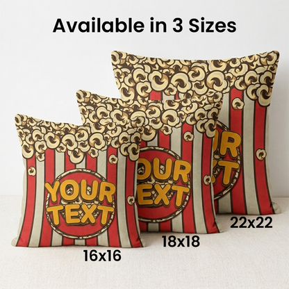 Close-up of custom name on popcorn retro cotton throw pillow 16 by 16 inch, 
 18 by 18 inch, & 22 by 22 inch.
