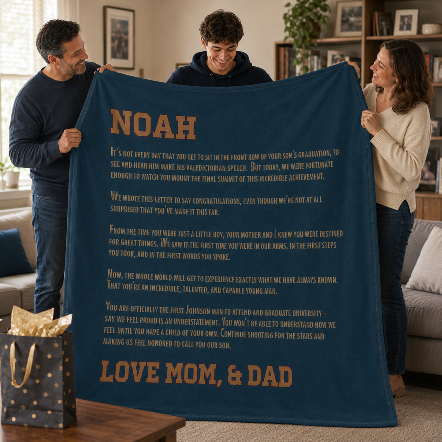 Family holding  personalized denim letter throw blanket as meaningful birthday gift
