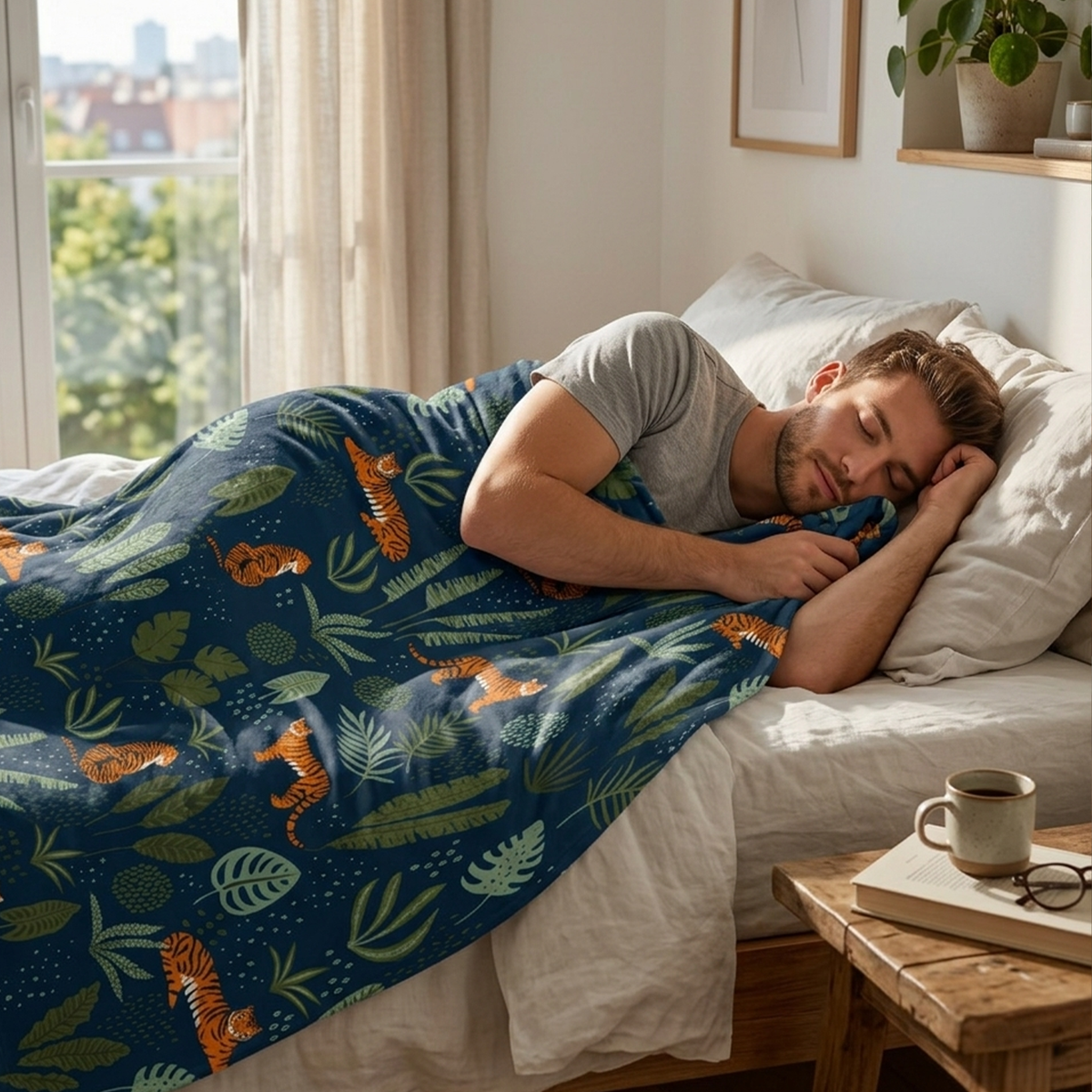 Person wrapped in jungle tiger throw blanket as bold housewarming birthday gift
