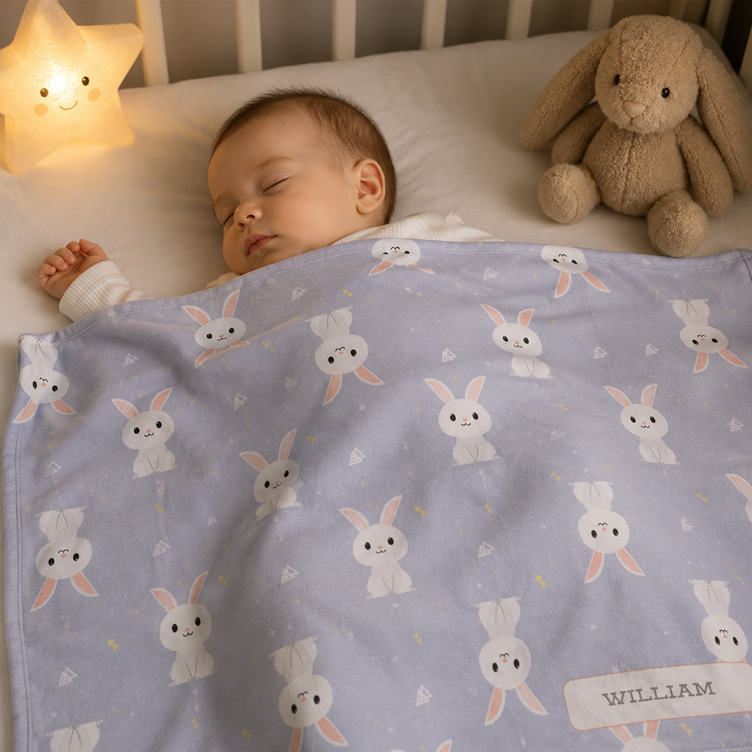 Custom name on white rabbit periwinkle fleece baby blanket for newborns and baby showers
