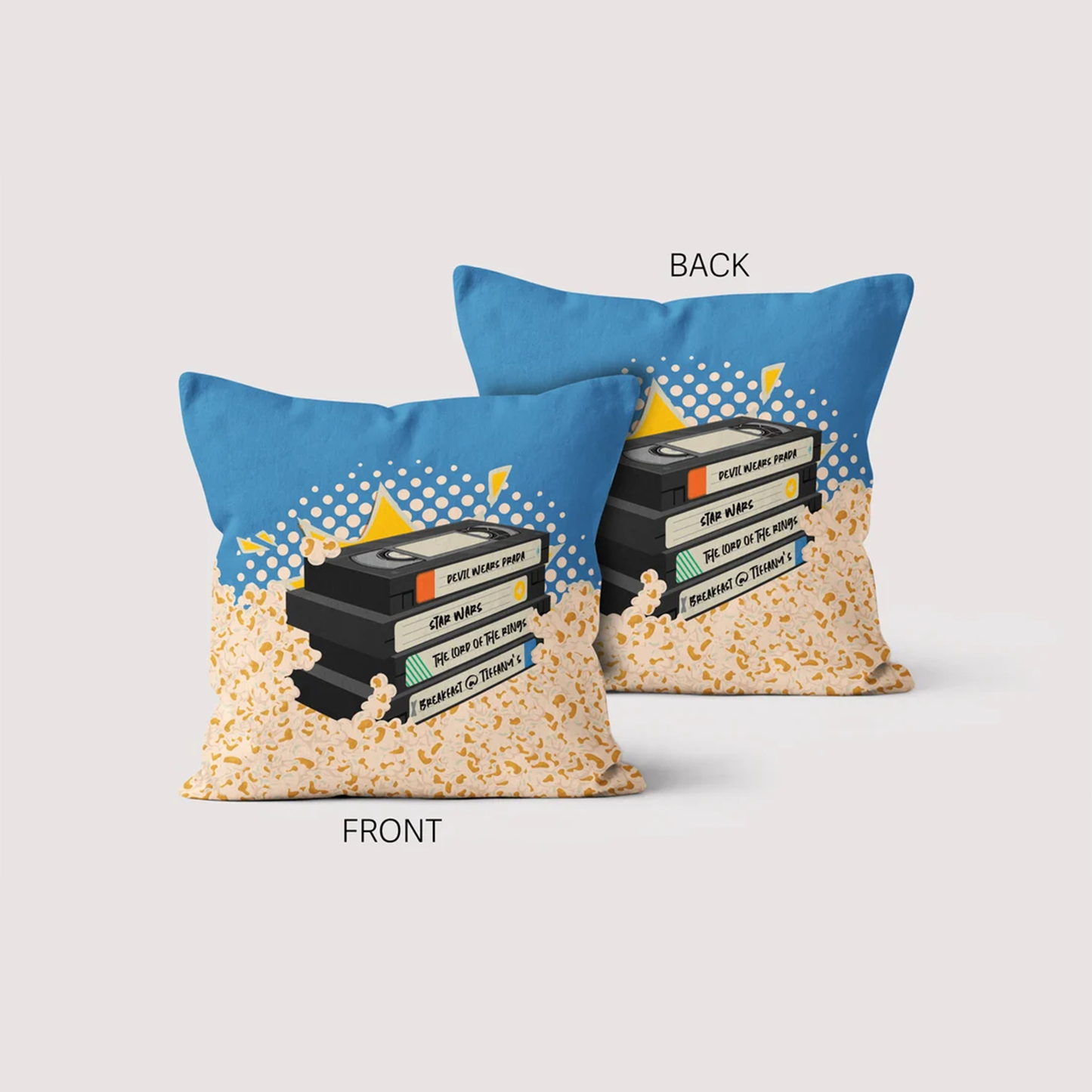 Retro VHS stack throw pillow as unique birthday gift for movie and film lovers

