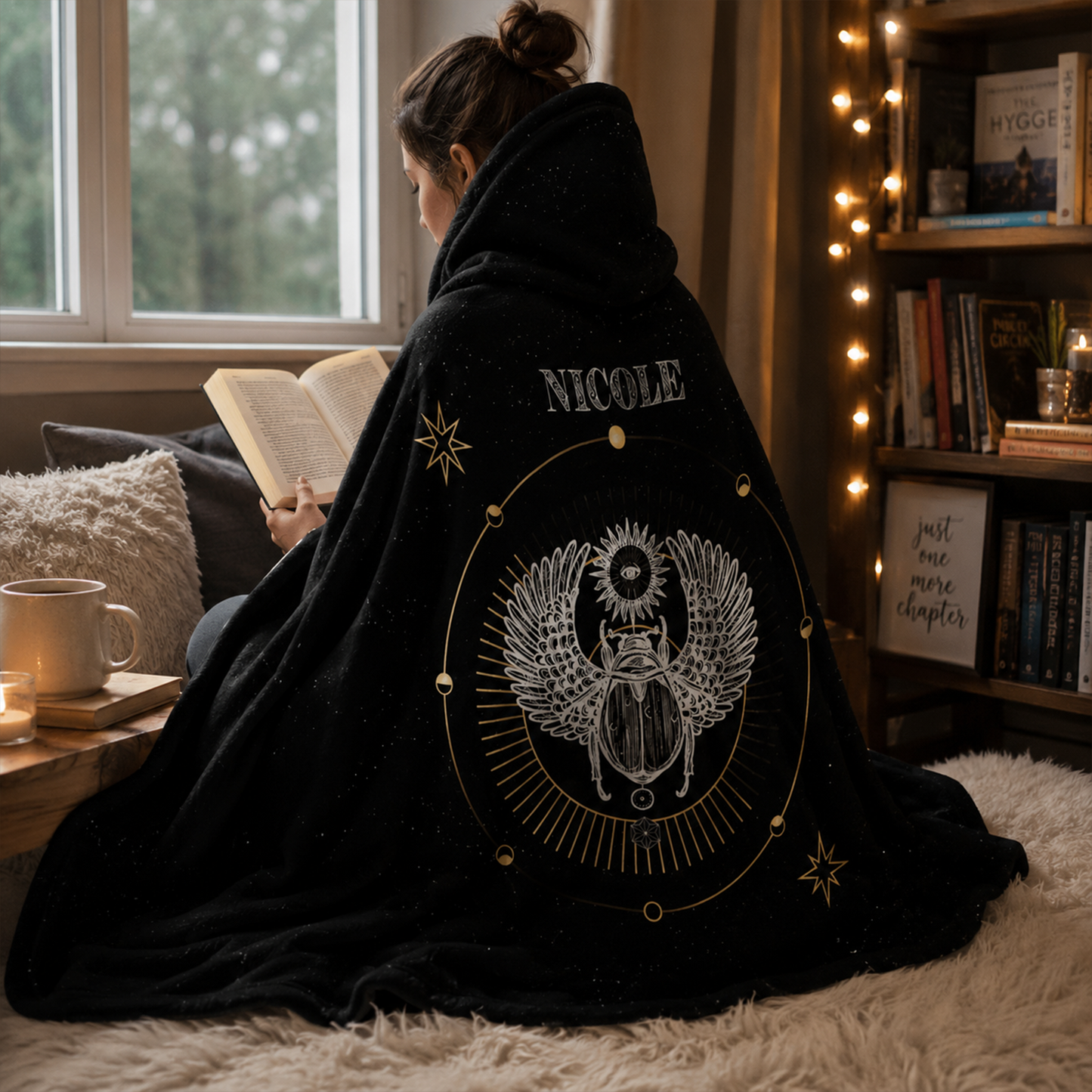 Custom name on scarab Minky fleece hooded wearable blanket for artistic women
