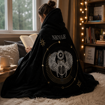 Custom name on scarab Minky fleece hooded wearable blanket for artistic women
