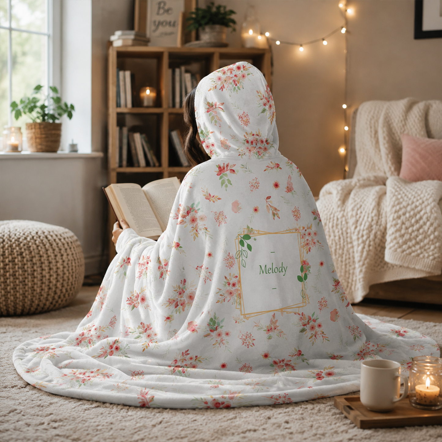 Person wearing personalized soft flowers hooded blanket as meaningful birthday gift
