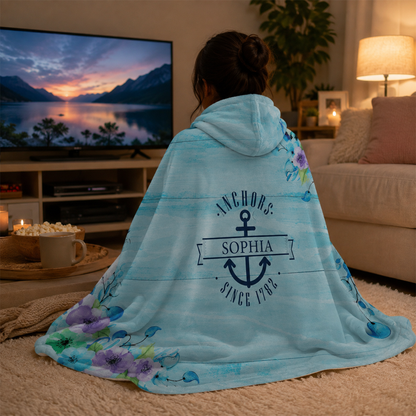 Custom name on nautical anchor flowers Minky fleece hooded wearable blanket for fans
