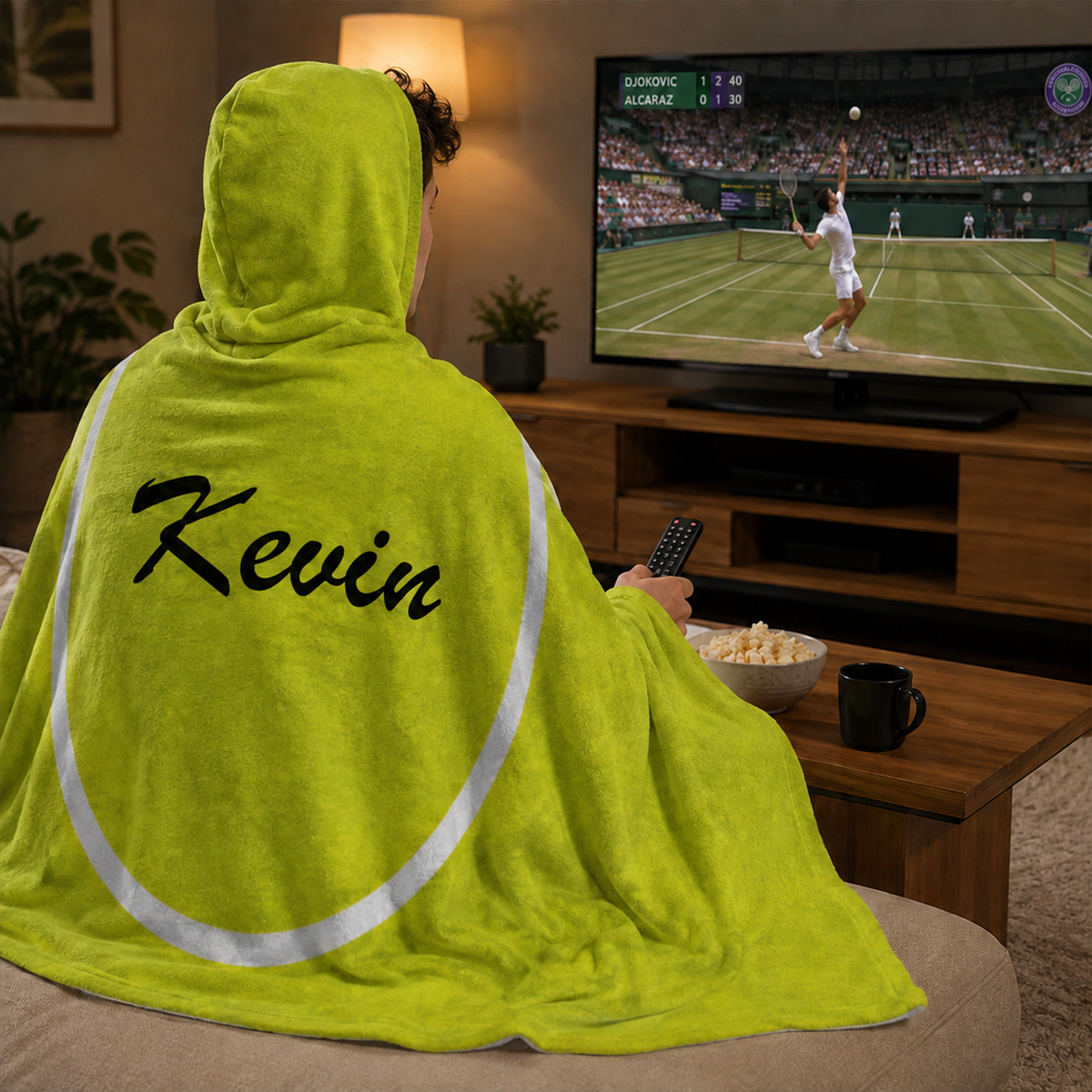 Person wearing personalized tennis hooded blanket as meaningful birthday gift

