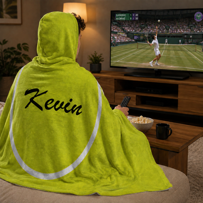 Person wearing personalized tennis hooded blanket as meaningful birthday gift
