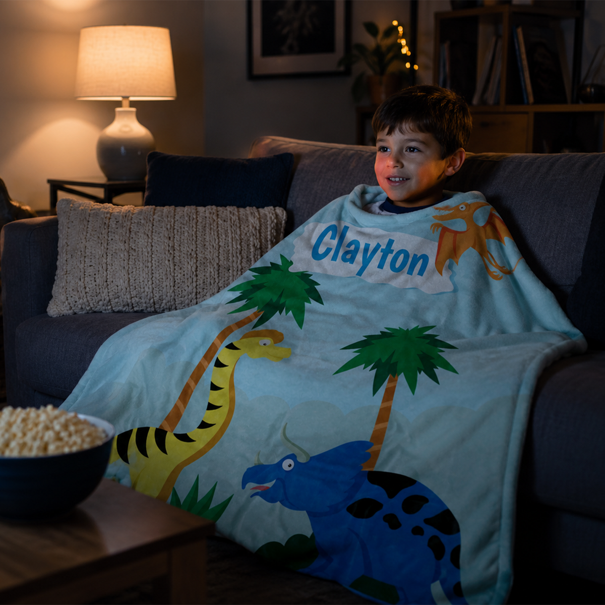 Close-up of custom name on cute dinosaur kids polyester fleece throw blanket
