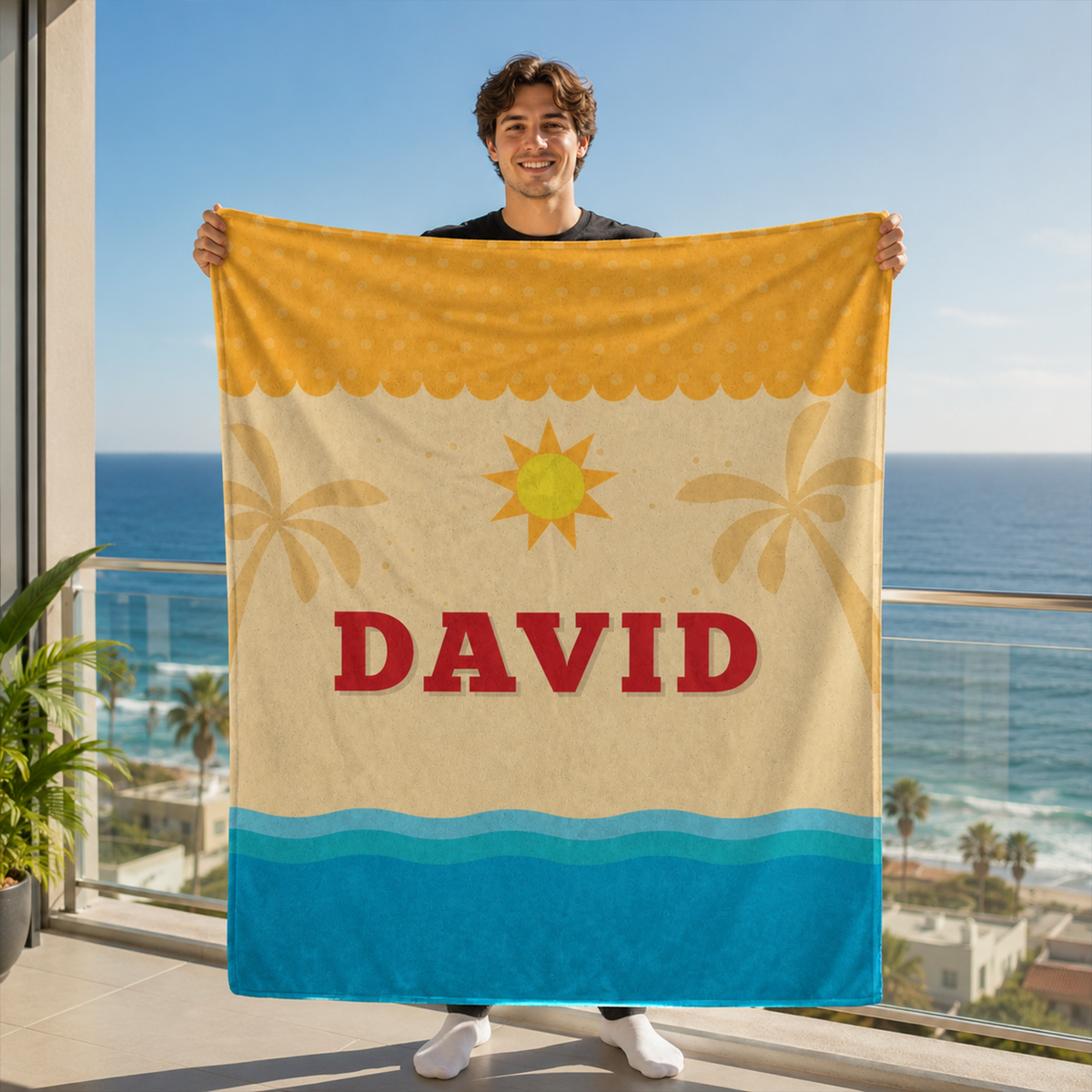 Custom name on fun in the sun polyester fleece throw blanket for summer loving kids
