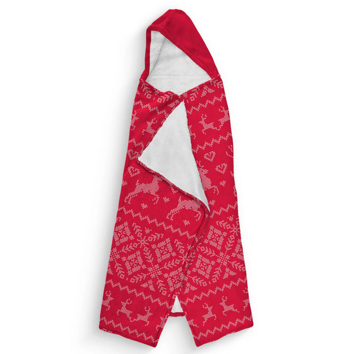Close-up of custom name on red Christmas sweater Minky fleece hooded wearable blanket
