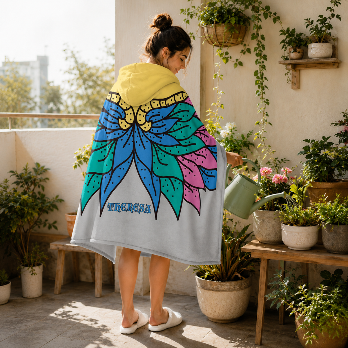 Woman wearing personalized floral wings hooded blanket as nature birthday gift

