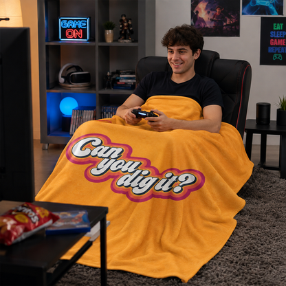 Person wrapped in can you dig it retro throw blanket as fun housewarming gift
