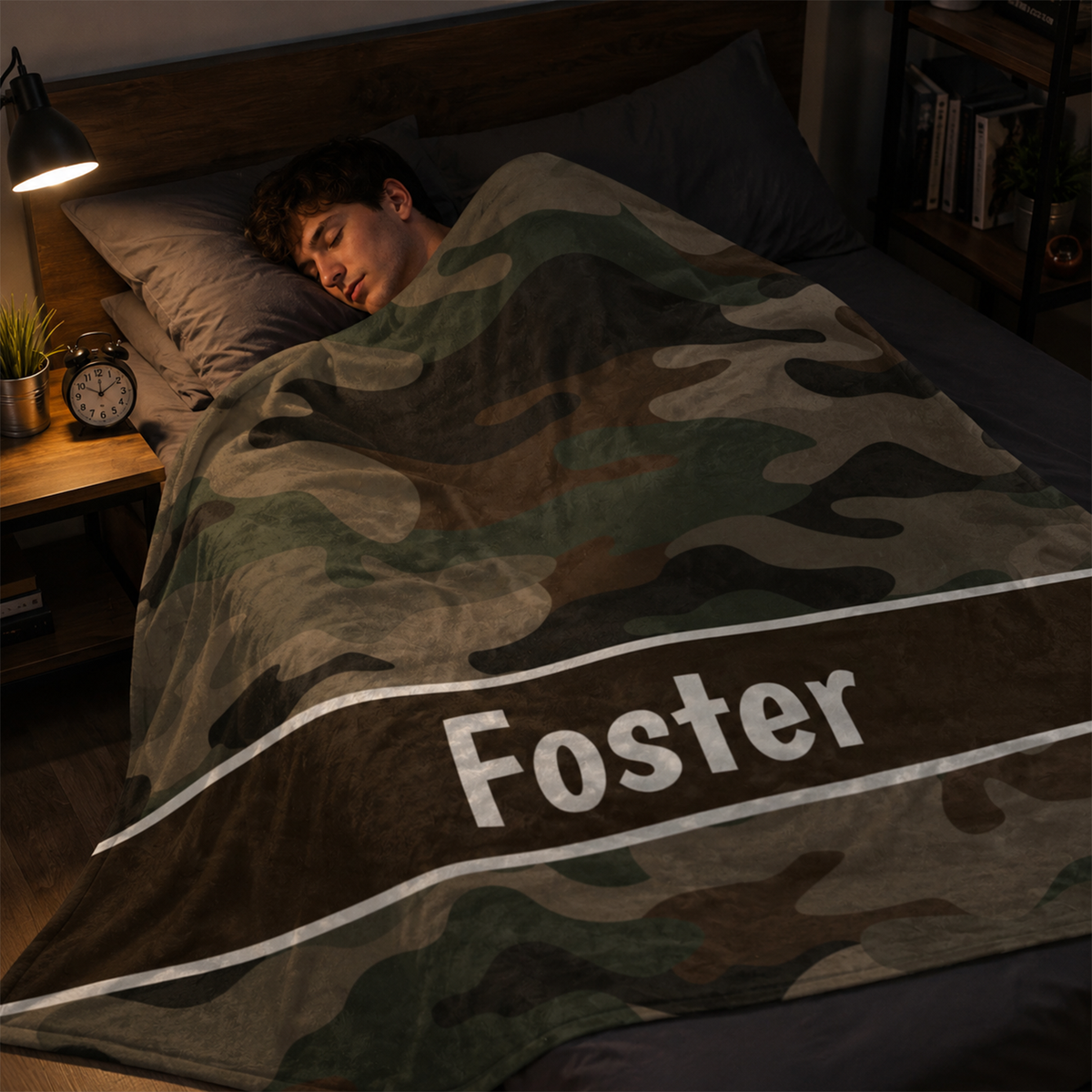 Adult wrapped in personalized camouflage throw blanket as birthday outdoor adventure gift
