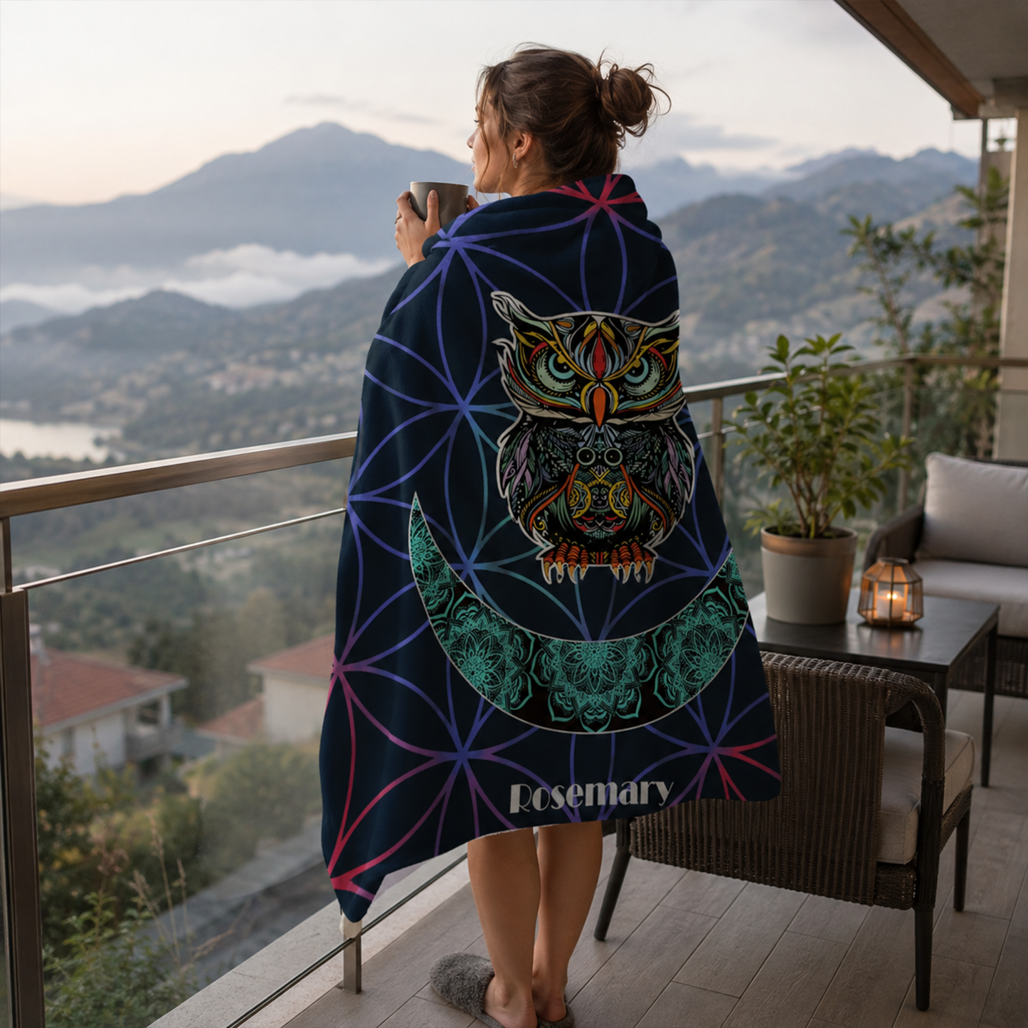 Custom name on wandering owl Minky fleece hooded wearable blanket for nature loving women

