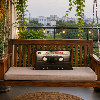 Cassette tape personalized throw pillow with custom song list in retro music design
