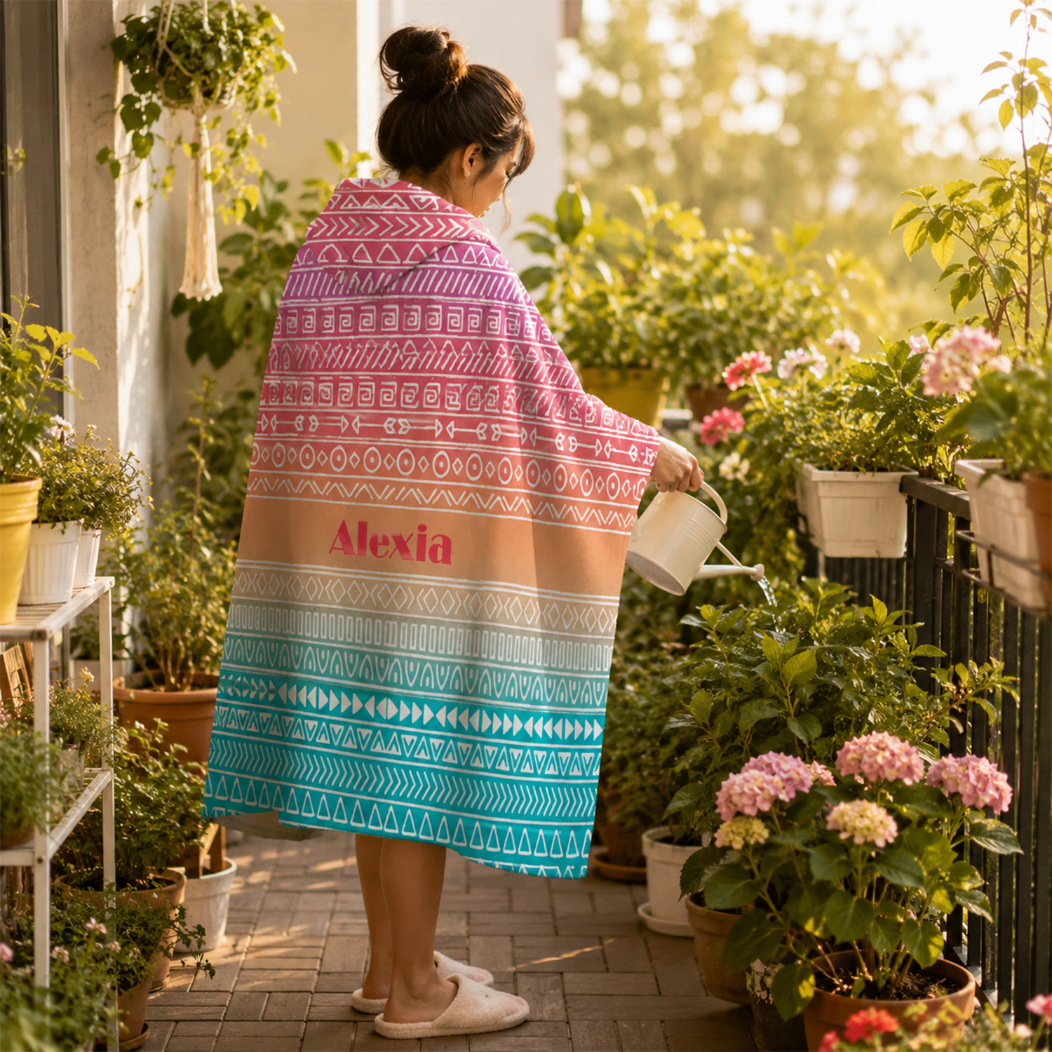 Custom name on aztec ombre Minky fleece hooded wearable blanket for boho style lovers
