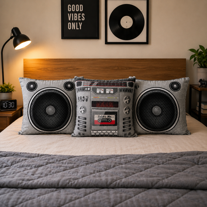 Custom name on retro boom box cotton throw pillow set for music room home decor
