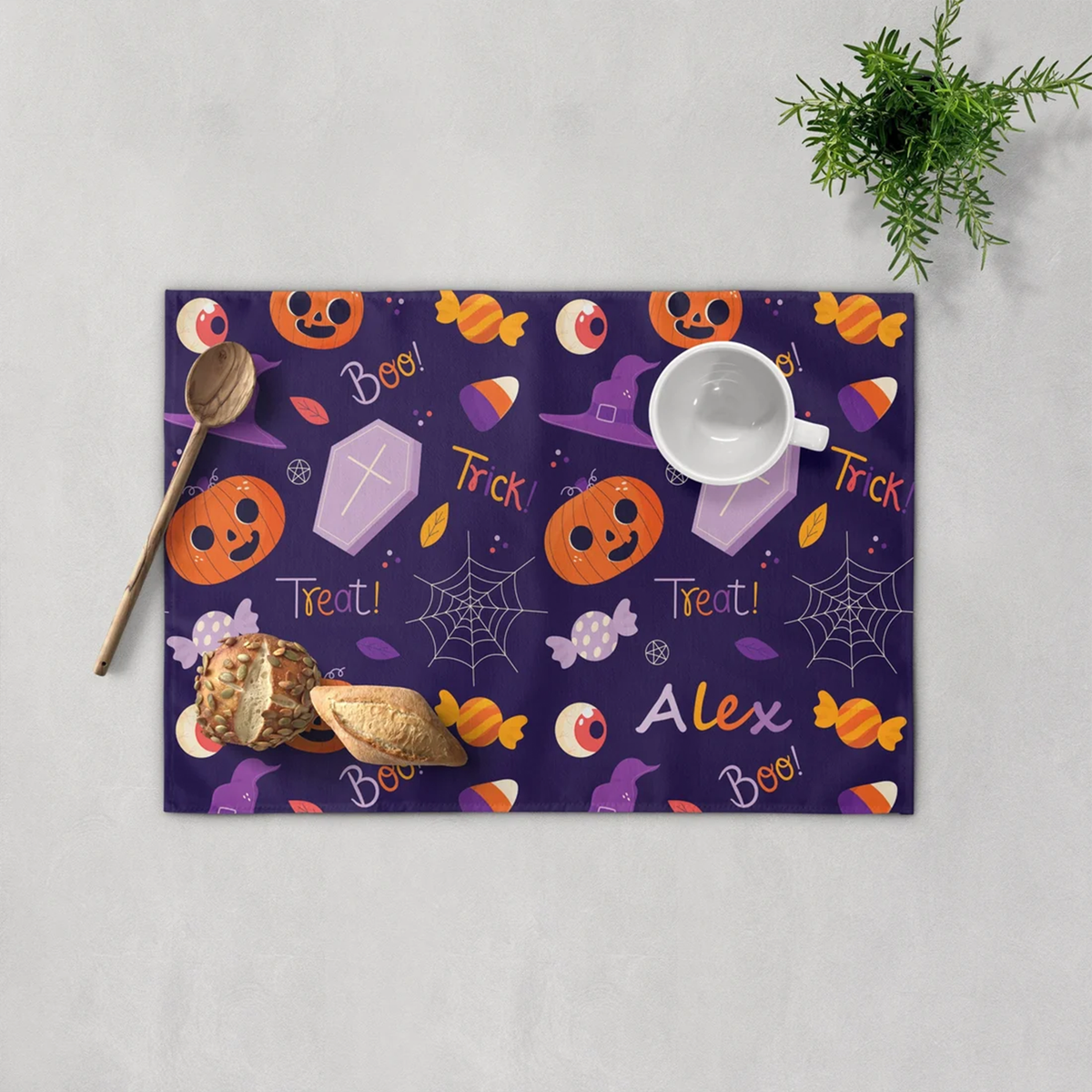 Halloween trick or treat placemat personalized with custom name for spooky table decor
