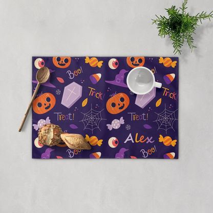 Halloween trick or treat placemat personalized with custom name for spooky table decor
