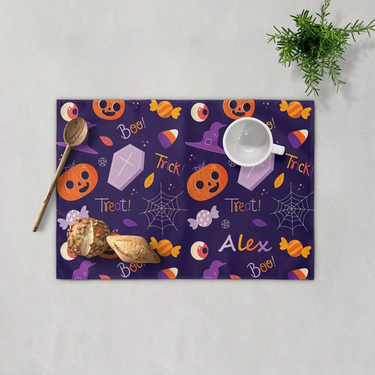Halloween trick or treat placemat personalized with custom name for spooky table decor
