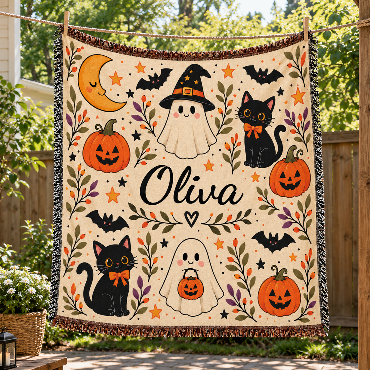 Ghost Pumpkin Personalized Halloween Woven Throw Blanket | Custom Name Gift for Kids & Adults