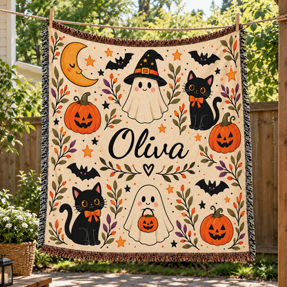 Ghost Pumpkin Personalized Halloween Woven Throw Blanket | Custom Name Gift for Kids & Adults