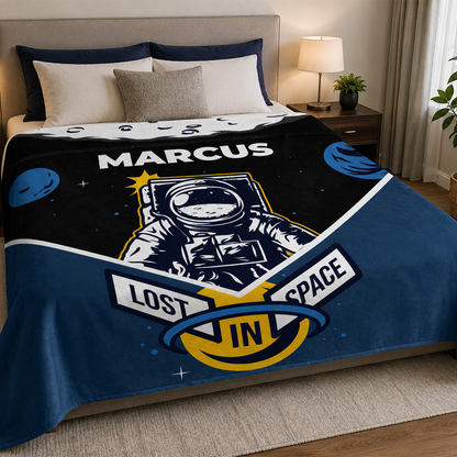 Close-up of custom name on I need my space funny polyester fleece throw blanket
