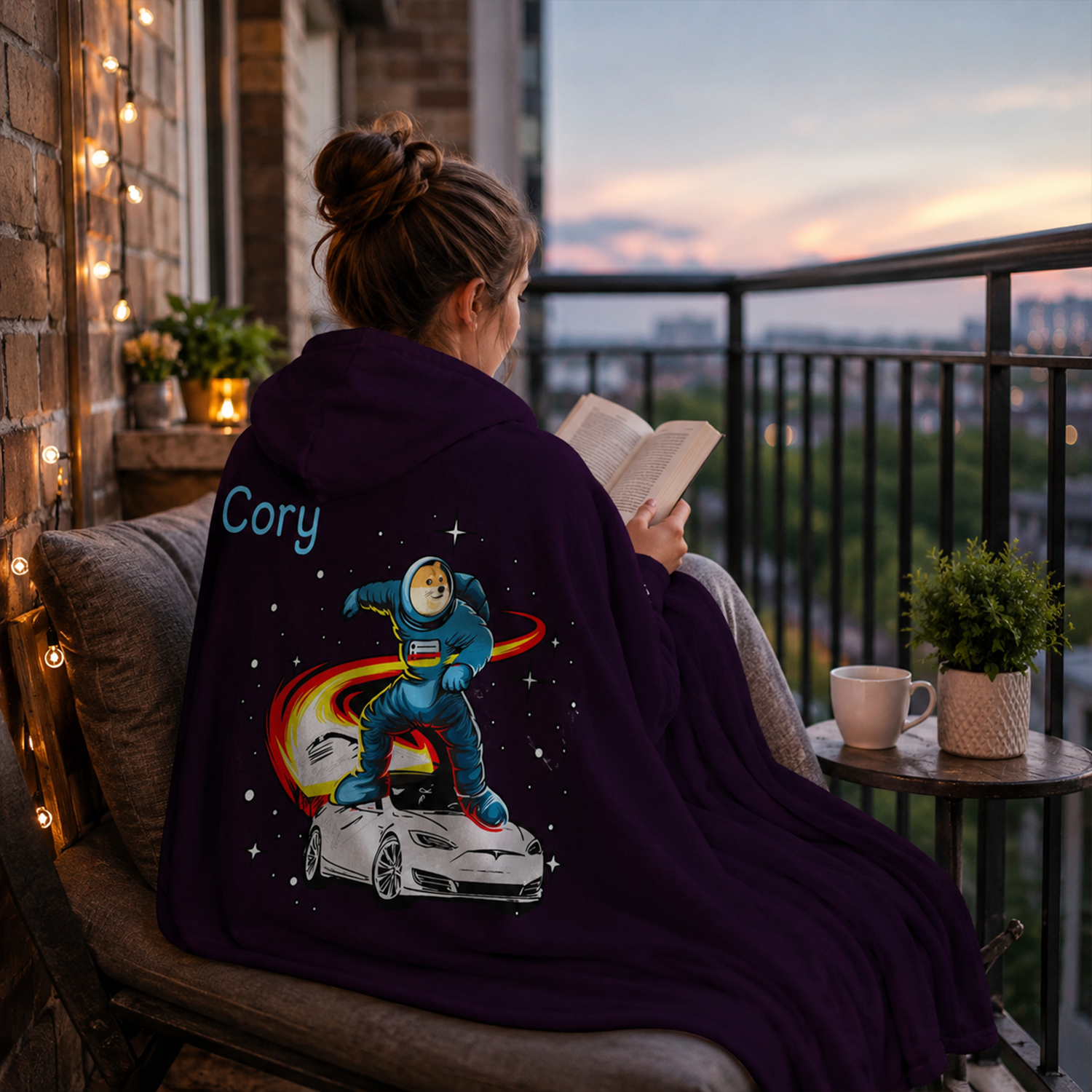 Crypto fan wearing personalized Dogecoin space surf hooded blanket as birthday gift
