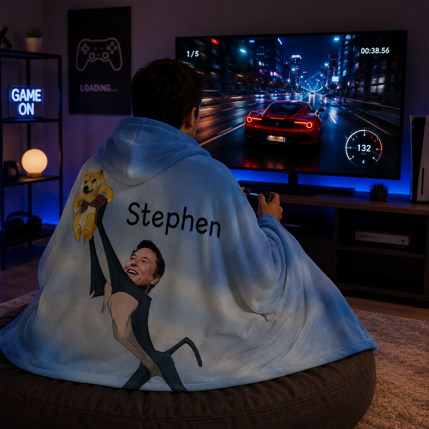 Crypto fan wearing personalized Dogecoin Shibu King hooded blanket as birthday gift
