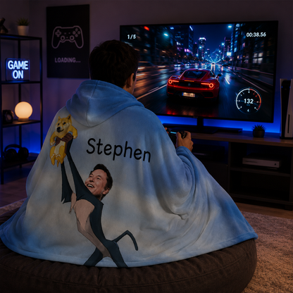 Crypto fan wearing personalized Dogecoin Shibu King hooded blanket as birthday gift
