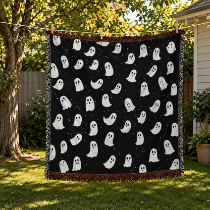 Black and White Ghost Halloween Woven Throw Blanket for Gothic Fall Decor