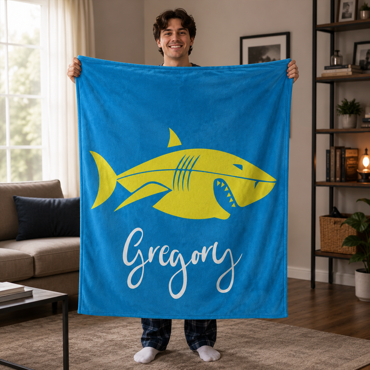 Close-up of custom name on flat shark kids polyester fleece throw blanket design
