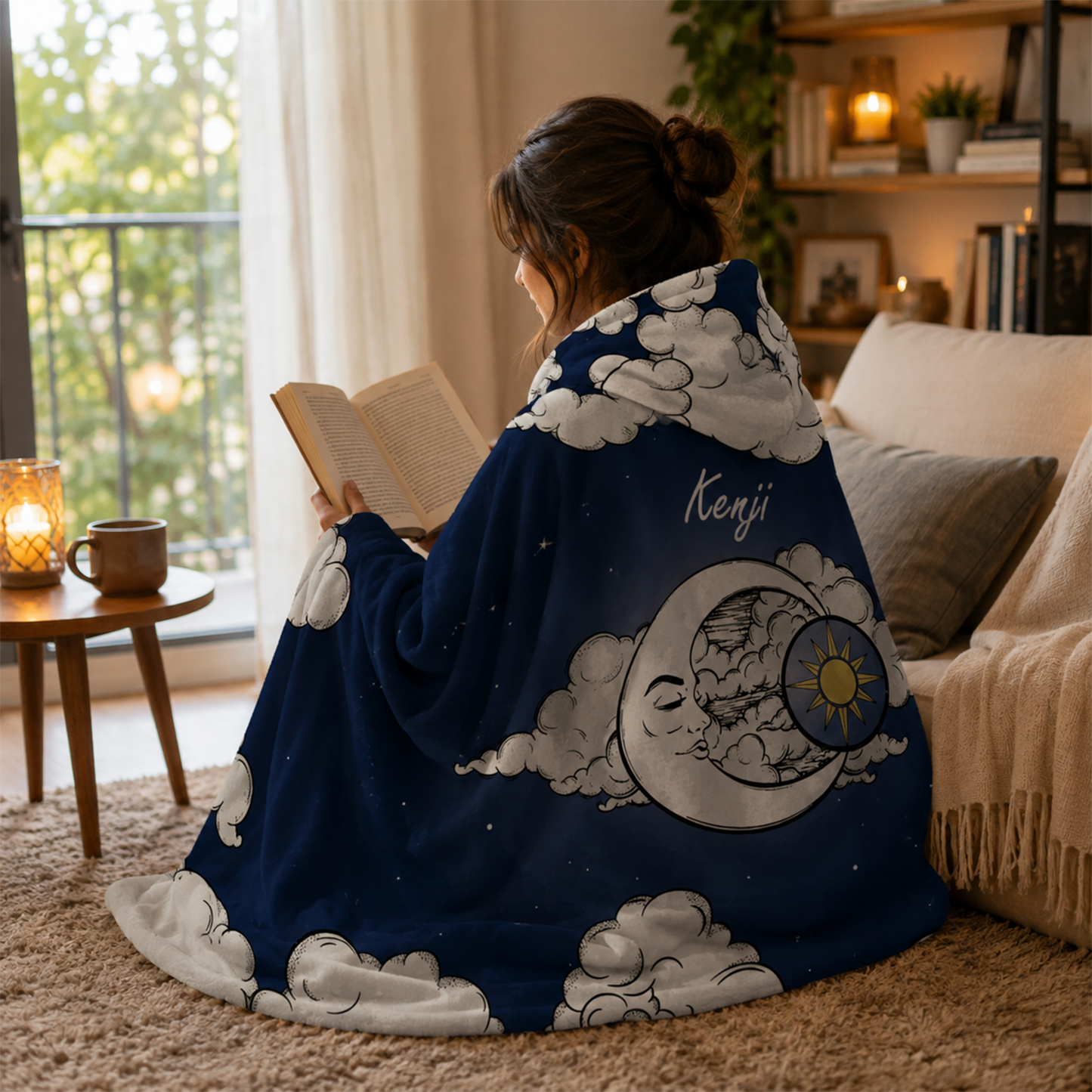 Custom name on night sky Minky fleece hooded wearable blanket for dreamers and stargazers
