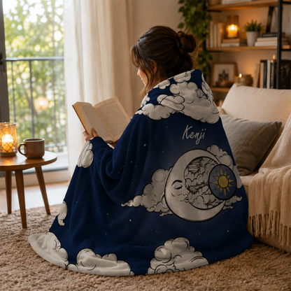 Custom name on night sky Minky fleece hooded wearable blanket for dreamers and stargazers
