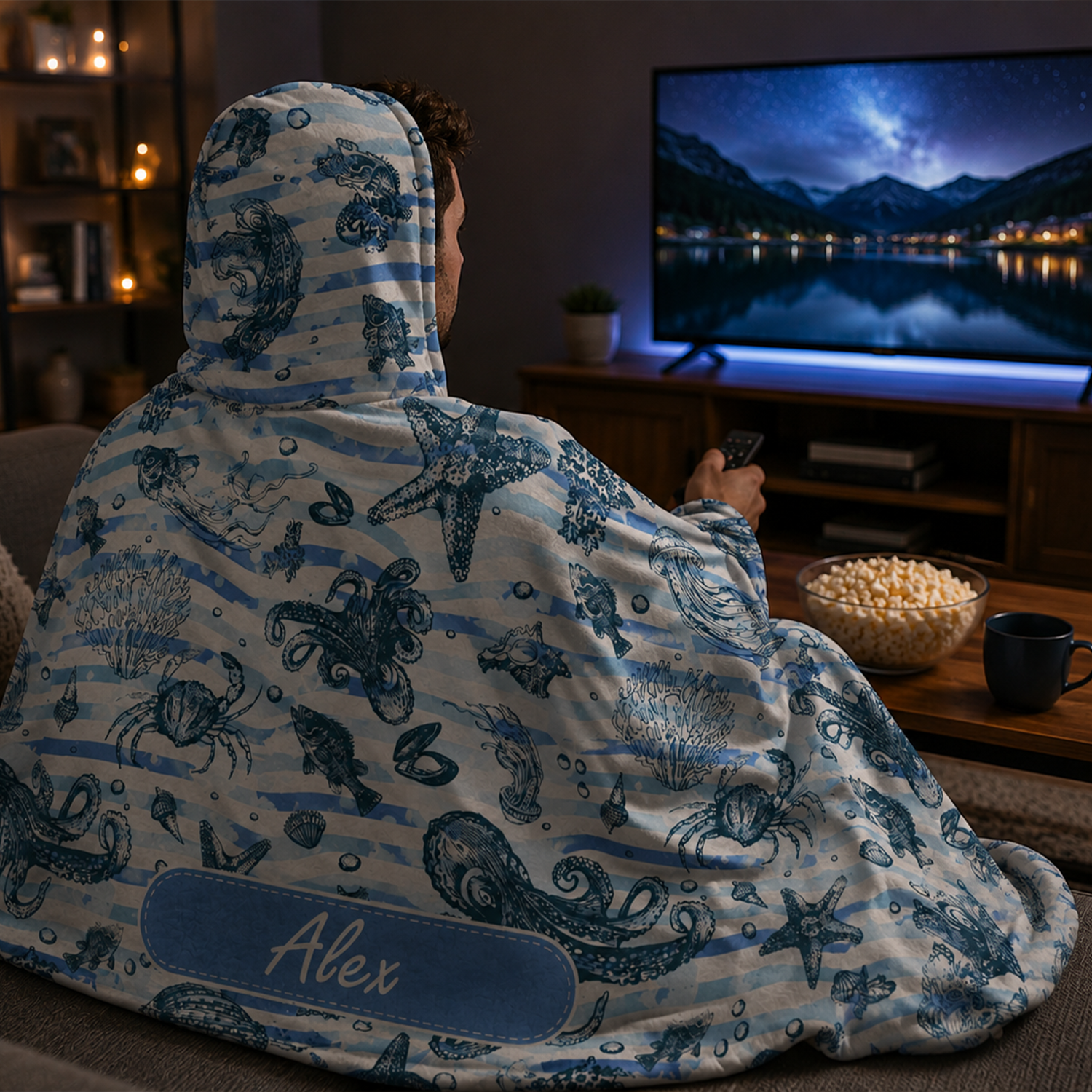 Custom name on sealife Minky fleece hooded wearable blanket for ocean and sea lovers
