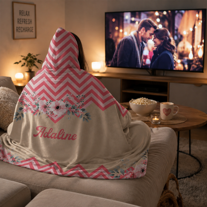 Custom name on pleasant in pink Minky fleece hooded wearable blanket for women and girls
