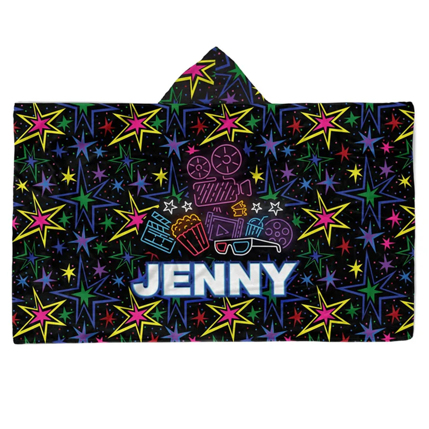 Custom name on movie night Minky fleece hooded wearable blanket for cinephiles
