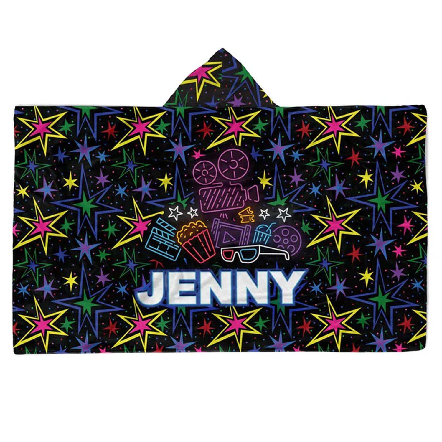 Custom name on movie night Minky fleece hooded wearable blanket for cinephiles
