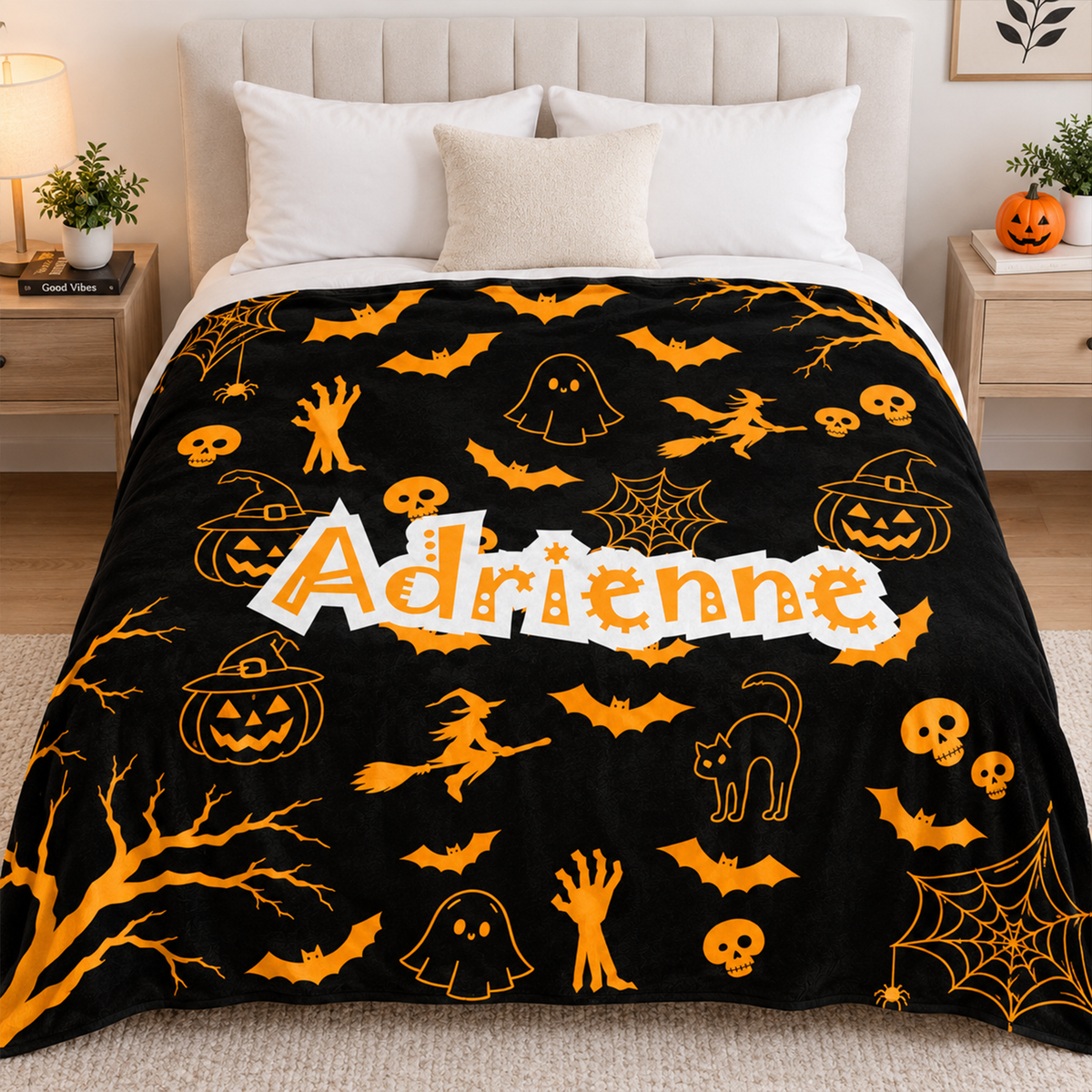 Close-up of custom name on personalized pumpkin Halloween polyester fleece throw blanket
