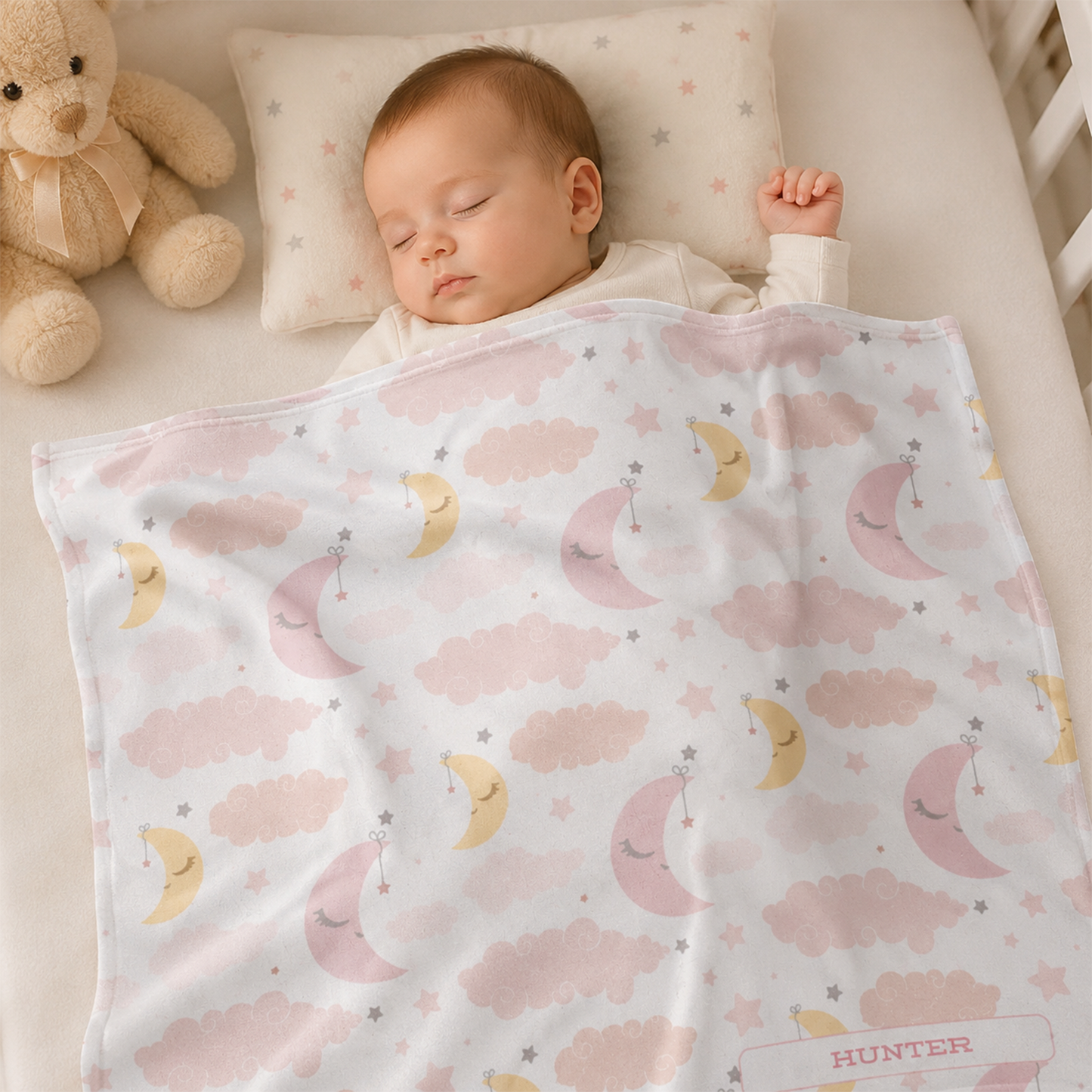 Baby wrapped in personalized goodnight moon pink yellow fleece blanket as gift
