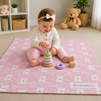 Custom name on smiling bear pink fleece baby blanket as sweet baby girl shower gift
